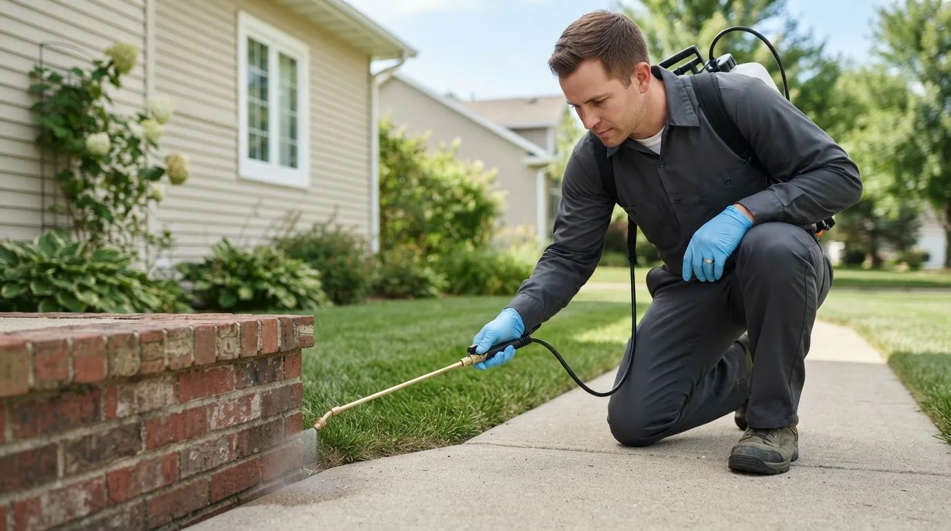 Pest control technician treating a home near Lake Bronson, MN